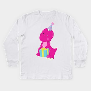 Birthday Dinosaur, Pink Dinosaur, Party Hat, Gifts Kids Long Sleeve T-Shirt